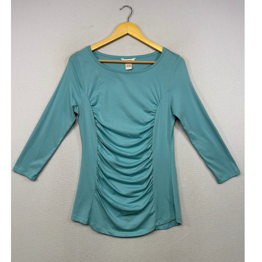 Boho Ruched Sundance Womens Medium Teal Blue 3/4 Sleeve Scoop Neck Knit Top